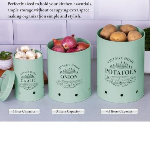 Image of Galvanized Metal Vegetable Storage Container Set of 3 for Potato, Onion & Garlic | Ventilated Kitchen Pantry Organizer with Lids | Rust-Resistant Food Storage Bins | Green