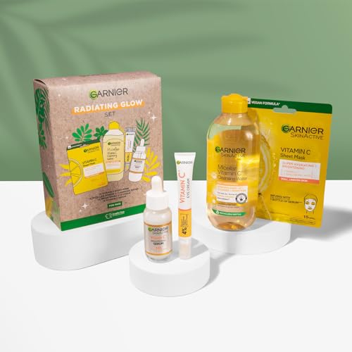 Garnier's Radiating Glow Gift Set for Face, with Vitamin C Serum, Face Mask, Micellar Cleansing Water & Eye Cream, Approved by Cruelty Free International - Image 3