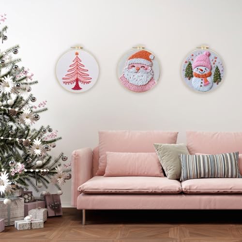 Image of LB Pink Christmas Embroidery Kit for Beginners Adults, 3 Sets Hand Embroidery Starter Kit with Santa Pattern and Instructions Stamped Cross Stitch Kits Include Embroidery Hoop Needles Threads Scissors