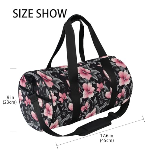 Pink Flower Butterfly Sports Duffel Bag Stylish Barrel Gym Bag with Spacious Main Compartment Side Pockets Adjustable Shoulder Strap for Sports, Outdoor Training and Short Trips4