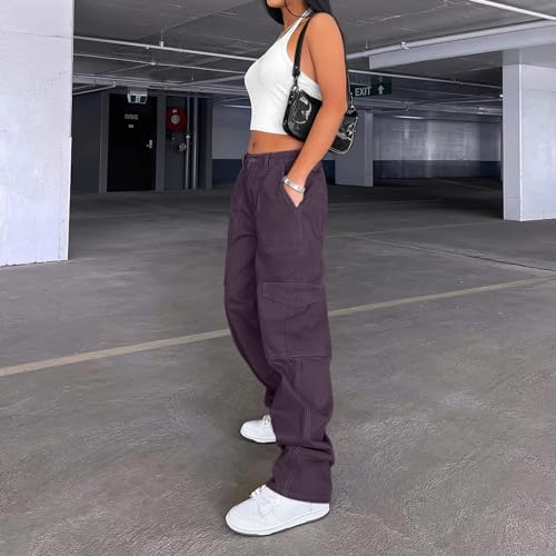 Image of Lepunuo Cargo Pants for Women High Waisted Casual Pants Baggy Stretchy Wide Leg Y2K Streetwear with 6 Pockets