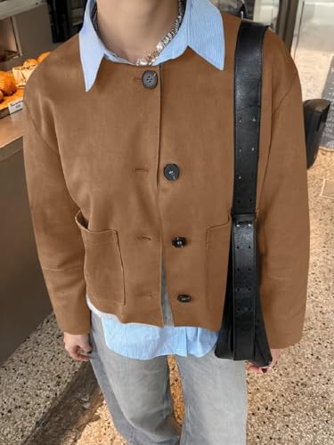 Cicy Bell Womens Faux Suede Leather Jackets Trendy Casual Cropped Outerwear Button Down Collarless Short Bomber Shackets3