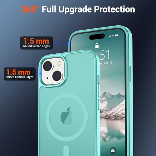 Image of SUPFINE Magnetic for iPhone 15 Case (Compatible with MagSafe) (Military Grade Drop Protection) Slim Translucent Matte Shockproof with Anti-Fingerprint Phone Case, Blue Green