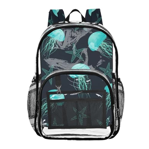 Boys Backpacks for Girls Teal Jellyfish Starfish Sea Black Clear Bag for Women Travel Approved See through Bag