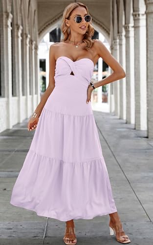 Image of ECOWISH Women's Summer Strapless Maxi Dress 2026 Off Shoulder Hollow Out Smocked A Line Tube Tiered Long Dresses