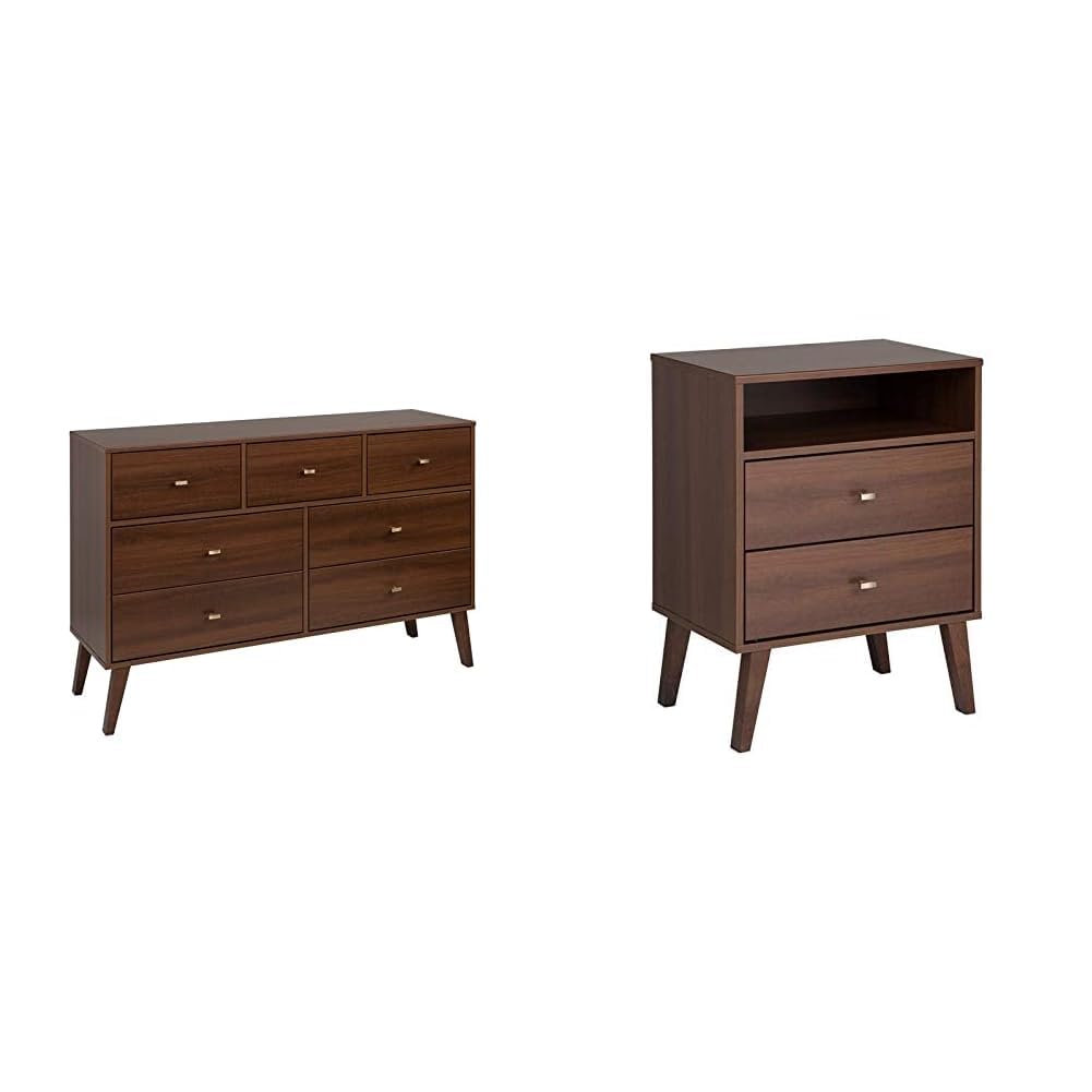 Prepac Milo Mid-Century Modern 7 Drawer Double Dresser & Milo 2-drawer Tall Nightstand with Open Shelf, Cherry
