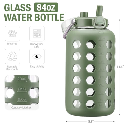 Image of MUKOKO 84 oz Glass Water Bottle, Stainless Steel Handle, Olive