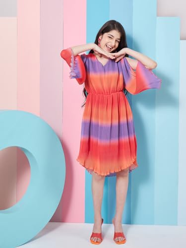 Pspeaches Girl's V-Neck Tie And Dye Striped Flared Sleeve Fit Flare Dress Orange Colortrendy Stylish Outfit (14-15Years)