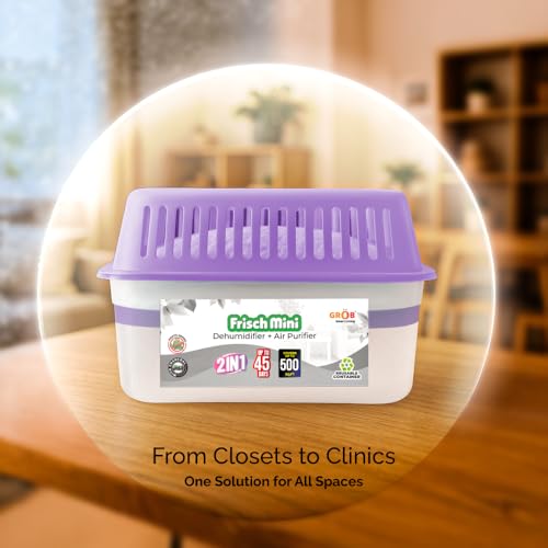 Image of Grob Frisch Mini Moisture Absorber Dehumidifier | Value Pack of 2 (750ml Each) | Dehumidifier for Wardrobe, Closet & Cupboard | Controls Dampness, Mould, Fungus & Odour (Purple)