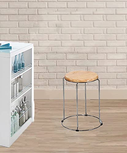 Image of NGFC Steel Stool with Wooden Round Top - Multipurpose Indoor /Outdoor Stool for Home, Kitchen, Office, Cafe, Medical, and Bar Use, Pack of 1