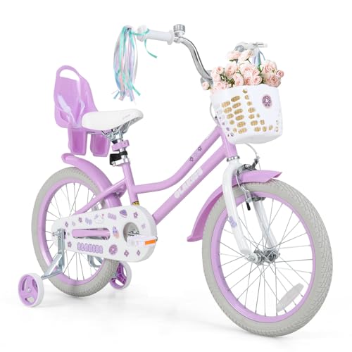 Image of Olakids Kids Bike, 12 14 16 18 20 Inch Girls Bicycle with Doll Seat Basket Adjustable Seat and Handlebar, Handbrake and Coaster Brake