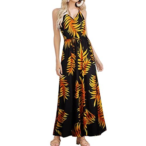 HUSKARY Womens Summer Sleeveless V Neck Spaghetti Strap Pockets Beach Boho Vacation Casual Spring Maxi Dress