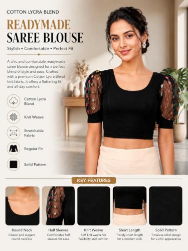 Image of SFT Women's Cotton Lycra Blend Readymade Saree Blouse with Round Neck Half Sleeves Solid Pattern Knit Weave Regular Fit and Pull On Closure