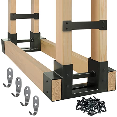 Gardguard Outdoor Firewood Racks - 2 Pack Log Storage Rack Bracket Kit, Rust Free Heavy Duty Steel Adjustable Length Outside Fireplace Wood Holder With Screws, And Hooks (Dark Bronze Green) #TOP17