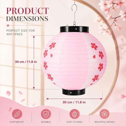 Image of LOGOFUN 2pcs Japanese Style Hanging Lantern Pink (30cm) | Paper Material; Cherry Blossom Pattern; For Sushi Restaurant Indoor Outdoor Decorations