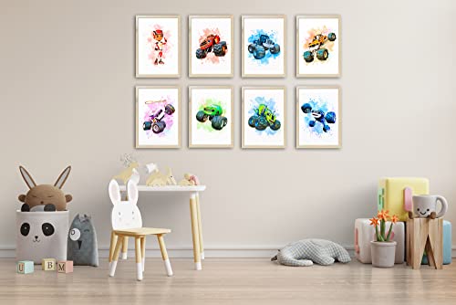Gwency Design Blaze & The Monster Machines Watercolor Wall Posters - Set Of 8 ( 8'' X 10'' ) - Monster Trucks Poster Wall Art Game Room Decor For Kids - Nursery, Bathroom, Playroom Decor ( Unframed ) #TOP4