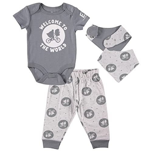 Image of Happy Threads E.T. the Extra-Terrestrial Boys Infant Short Sleeve One Piece Bodysuit Jogging Pants and Bandana Scarf Bib