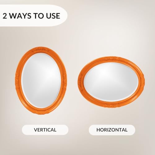 Image of Howard Elliott Collection Queen Ann Oval Glossy Orange Wall Mirror, Oval Bevelled Hanging Wood Framed Vanity Mirrors for Home Decor, Living Room, Bathroom, Bedroom, or Hallway, 25 x 33 Inch