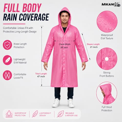 Image of MIKANIX Waterproof Hooded Raincoat for Men & Women | Full Length Reusable PVC Rain Wear | Lightweight Windproof Rain Jacket with Front Button Closure (Pack of 1)