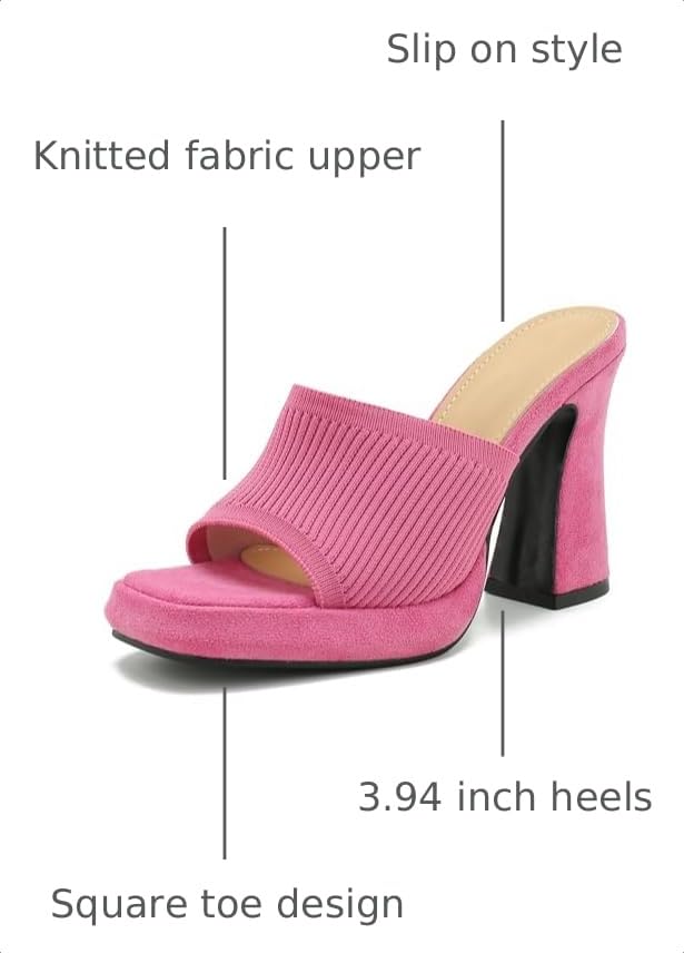 Image of Women's Knit Platform Mule Sandals, Square Toe, Block Heel Slip-On Slides, Chunky High Heel Summer Shoes