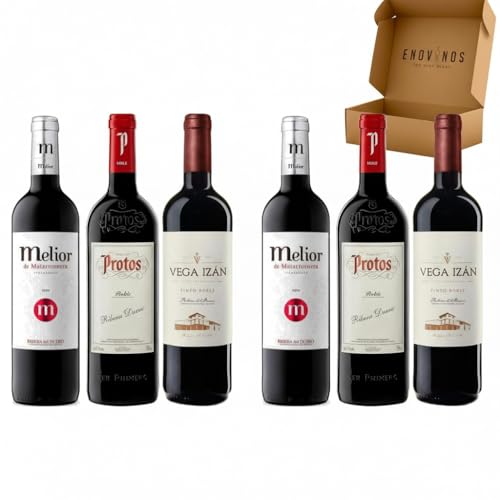 Pack Vinos Ribera del Duero Robles - Envio 24 h - Vinos Regalo - Corta crianza en barrica - 2x Melior, 2x Protos, 2 x Vega Izán - Mejor Seleccion ENOVINOS THE WINE BRAND