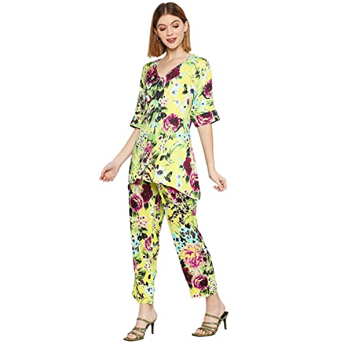 Image of CLOTH HAUS INDIA Women's || Yellow Floral Printed || Modal Material || Short Top for Women || V-Neck || Top for Women || Half Sleeves