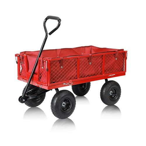 SUNNYFEEL 500 Lbs Capacity Heavy Duty Mesh Steel Garden Cart,Folding Utility Wagon with Removable Side Nets, Non-Slip Rubber Base, Red,Upgraded Version