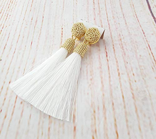 White And Gold Silk Tassel 3'' Long Earrings For Womens Dangle Drop Clip On Gift For Weddings Day