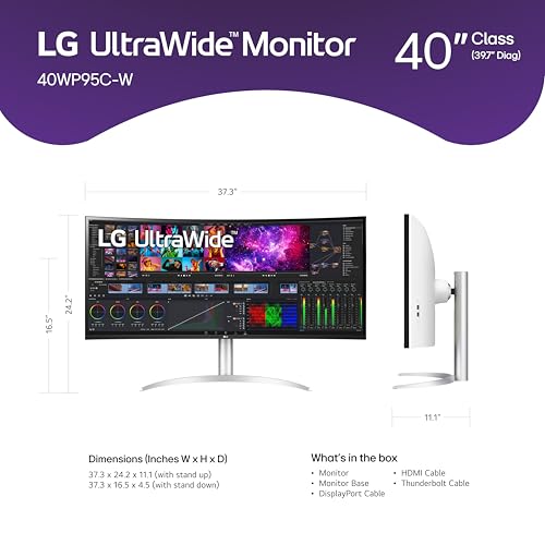 Image of LG 40WP95C-W 40 inch UltraWide Curved WUHD (5120 x 2160) 5K2K Nano IPS Display, DCI-P3 98% (Typ.) with HDR10, Thunderbolt 4 with 96W PD, 3-Side Virtually Borderless Design Tilt /Height /Swivel Stand,Black