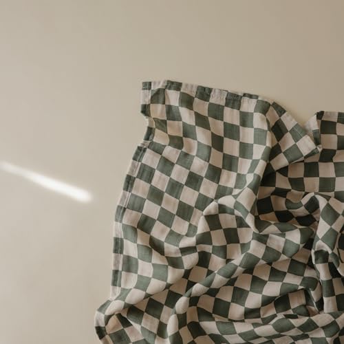 Image of mushie Muslin Baby Swaddle Blanket | 100% Organic Cotton (Olive Check)