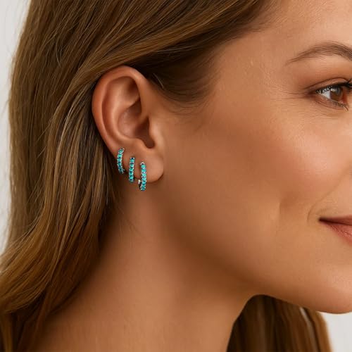 316L Surgical Steel Turquoise Huggie Hoop Earrings Set,Dainty Small Cute Silver Cartilage Earring for Multiple Piercing, Hypoallergenic for Women Men3