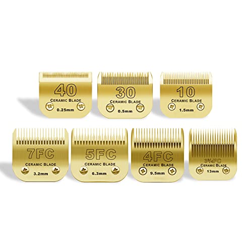 Image of Gold Detachable Dog Blades Set Compatible with Andis /Oster A5 Grooming | Compatible with wahl km10 dog clipper,Made of Ceramic Blade & Stainless Steel Blade,Include 10+30+40+7FC+5FC+4FC+3FC ,7 Pack