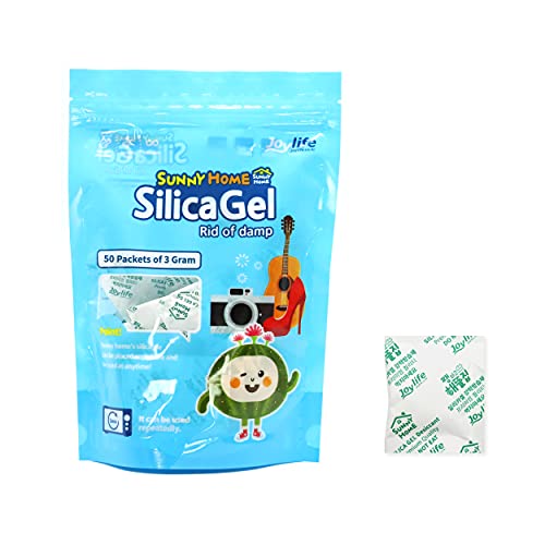 Sunny Home 3 Gram (50 Packs) Silica Gel Premium Safe Silica Gel Packs Desiccant and Dehumidifiers â€“ Rechargeable Silica Gel Packets for Moisture Absorber
