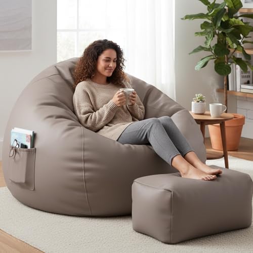 Image of Luxury 5XL Jumbo Bean Bag with Footrest & Cushion | Premium Leatherette | High-Density Beans Filled | Heavy Duty Double Stitch | 6 Months Warranty Color- (Navy Blue) (Beige)