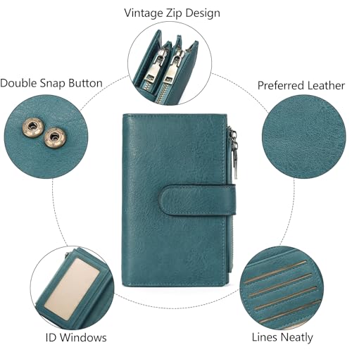 Image of GOIACII Womens Wallets RFID Blocking Leather Trifold Clutch Wallet Credit Card Holder Ladies Purse 3 ID Windows Teal