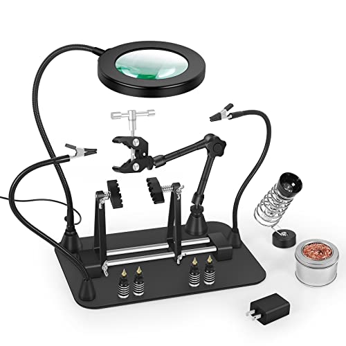 Magnetic Helping Hands Kit, Circuit Boards Holder with 5X LED Magnifying Lamp, Hot Air Gun Holder, Extra Large & Steel Base for Soldering Tools Magnetic Helping Hands Kit, Circuit Boards Holder with 5X LED Magnifying Lamp, Hot Air Gun Holder, Extra Large & Steel Base for Soldering Tools
