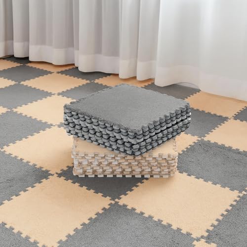 Image of Flutesan 15 Pcs Plush Interlocking Carpet Tiles Indoor Foam Floor Mat Anti-Slip Winter Plush Carpet Squares Puzzle Interlocking Tiles for Playroom Bedroom Nursery(Camel, Gray)