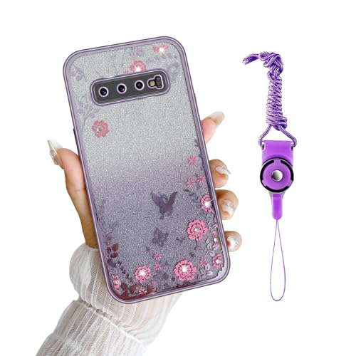 Image of for S10 Plus Case, Galaxy S10 Plus Case for Women Gradual Change Glitter Crystal Soft TPU Butterfly Floral Heart Clear Protective Cover with Strap for Samsung Galaxy S10 Plus 2019 (Purple)