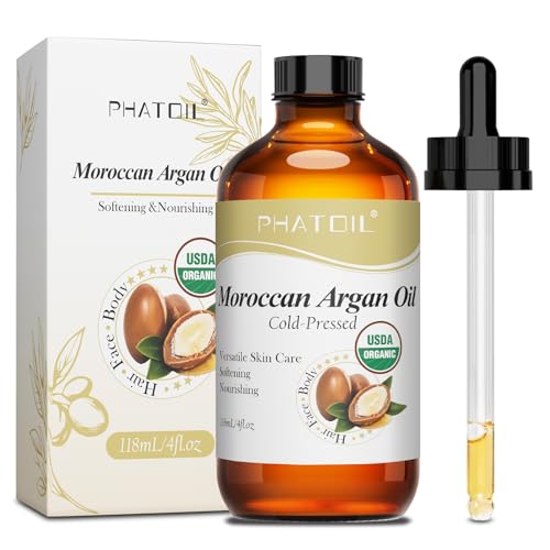 PHATOIL 100% Pure Organic Argan Oil of Moroccan for Hair USDA Certified Cold Pressed Moroccan Argan Oils for Frizz Dry Hair Body Massage Carrier Oil for Skin Face Moisturizing & Nourishing 118ml