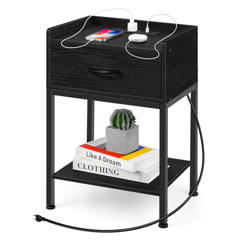 Nightstand with Charging Station and USB Ports, 3 Tier Small Bedside Table with Drawer and Storage...