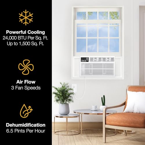 Image of Whirlpool 24,000 BTU Window Air Conditioner with Dehumidifier, Timer, White | 230V, Remote Control, 3 Speeds, 24H Timer for Extra Large Rooms up to 1500 Sq. Ft., Bedroom, Living Room, Apartment