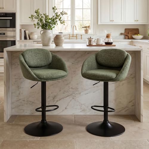 DAYALANE Bar Stools Set of 2 Chenille Swivel Breakfast Bar Chairs Adjustable Counter Height Pub Chair with Backrest and Footrest Kitchen Island Stool for Home Kitchen Green