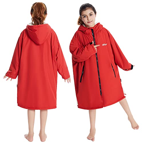 Image of Hiturbo Warm Kids Swim Parka: Waterproof Changing Robe - Oversize Swimming Coat - Hooded Surf Poncho - Thick Lining (7-14Y)