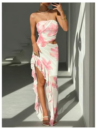 Milumia Women's Floral Cut Out Vacation Dress Ruffle Asymmetrical Strapless Sundress Long Dresses4