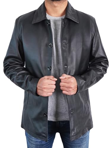 Mens Classic Winter Leather Car Coat 3/4 Length - Button Up Real Lambskin Long Jacket3