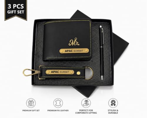 Image of B'Code Personalized Name & Charm Leather Wallet Mens Combo Giftset | Customized Birthday Anniversary Wedding Engagement Office Gifts for Man| Gift for Men| Brothers Raksha Bandhan Present (Black)