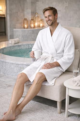 Image of Turkish Linen Men's Waffle Bathrobe Lightweight Kimono Spa Robe - Quick Dry Bath & Shower Robe for Men with Pockets