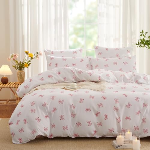 Freyamy Housse de Couette 200x200 Blanc Rose Nœud Papillon Parure de lit 2 Personne en Microfibre...