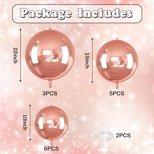 Image of 14 Pcs Rose Gold Round Foil Balloons 22 /15 /10 4D Ball Balloons Rose Metallic Balloon Ornament Mylar Balloon Chrome for Women Birthday Graduation Wedding Anniversary New Year Disco Party Decor