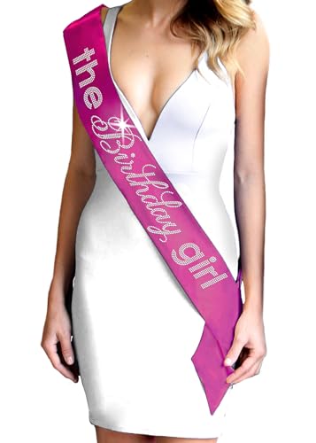 Birthday Gift for Women - REAL CRYSTAL RHINESTONE The Birthday Girl PREMIUM GRADE SATIN Magenta Pink Sash - Teenage Girl Birthday Party Decorations - Magenta